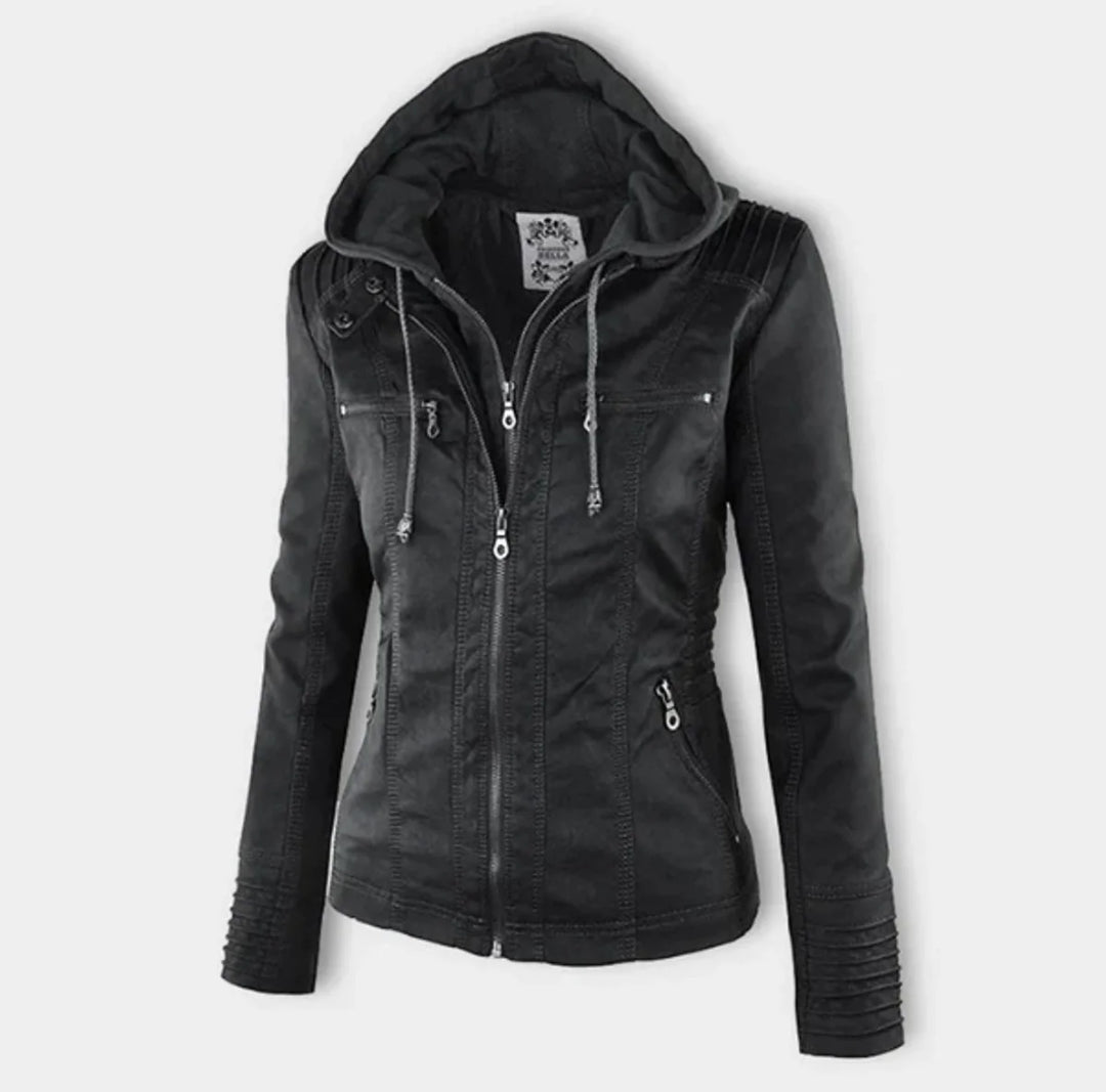 Vegane Motorradjacke für Damen – taillierter Schnitt mit abnehmbarer Kapuze