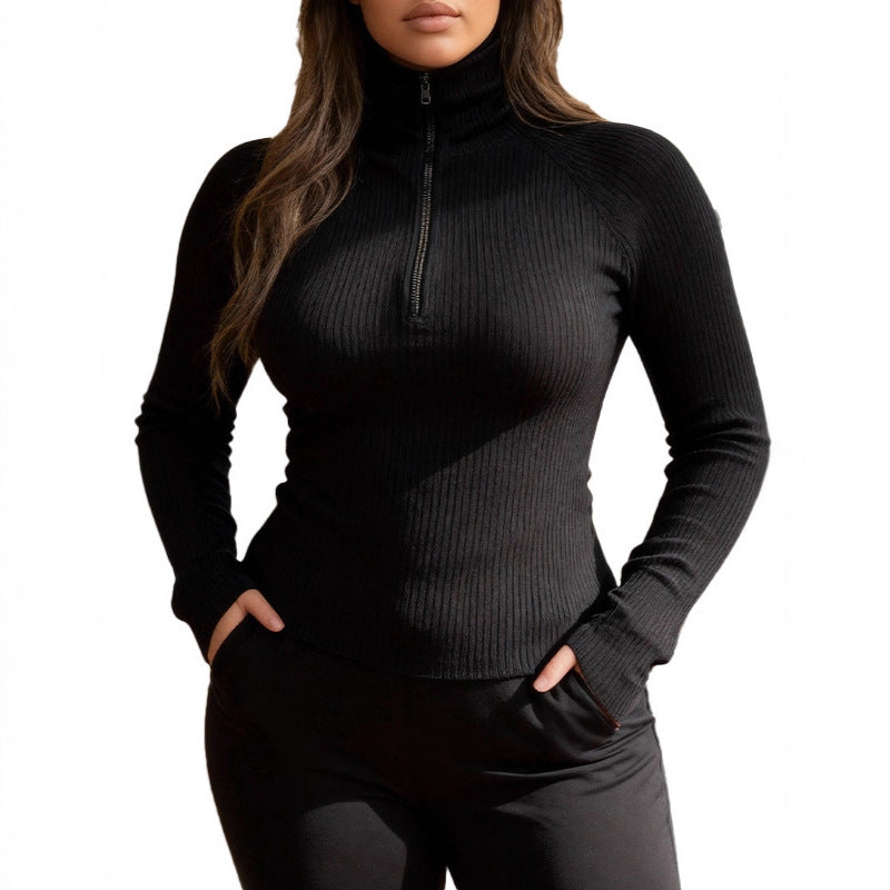 Haut Femme Col Cheminée en Maille – Coupe Ajustée Manches Longues