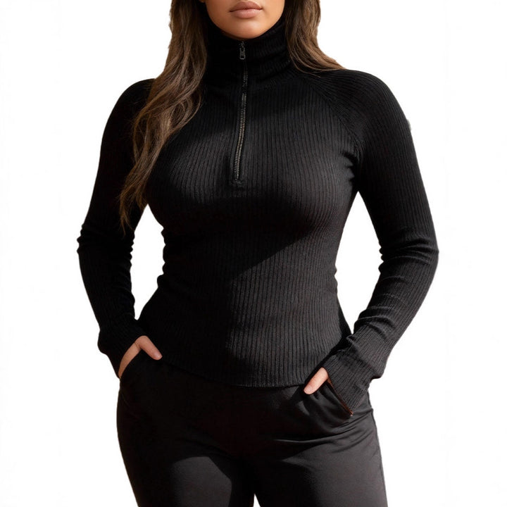 Haut Femme Col Cheminée en Maille – Coupe Ajustée Manches Longues