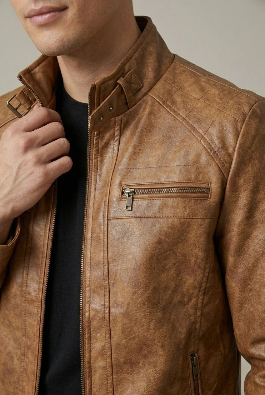 Veste Homme Col Montant – Fermeture Zippée Finition Similicuir