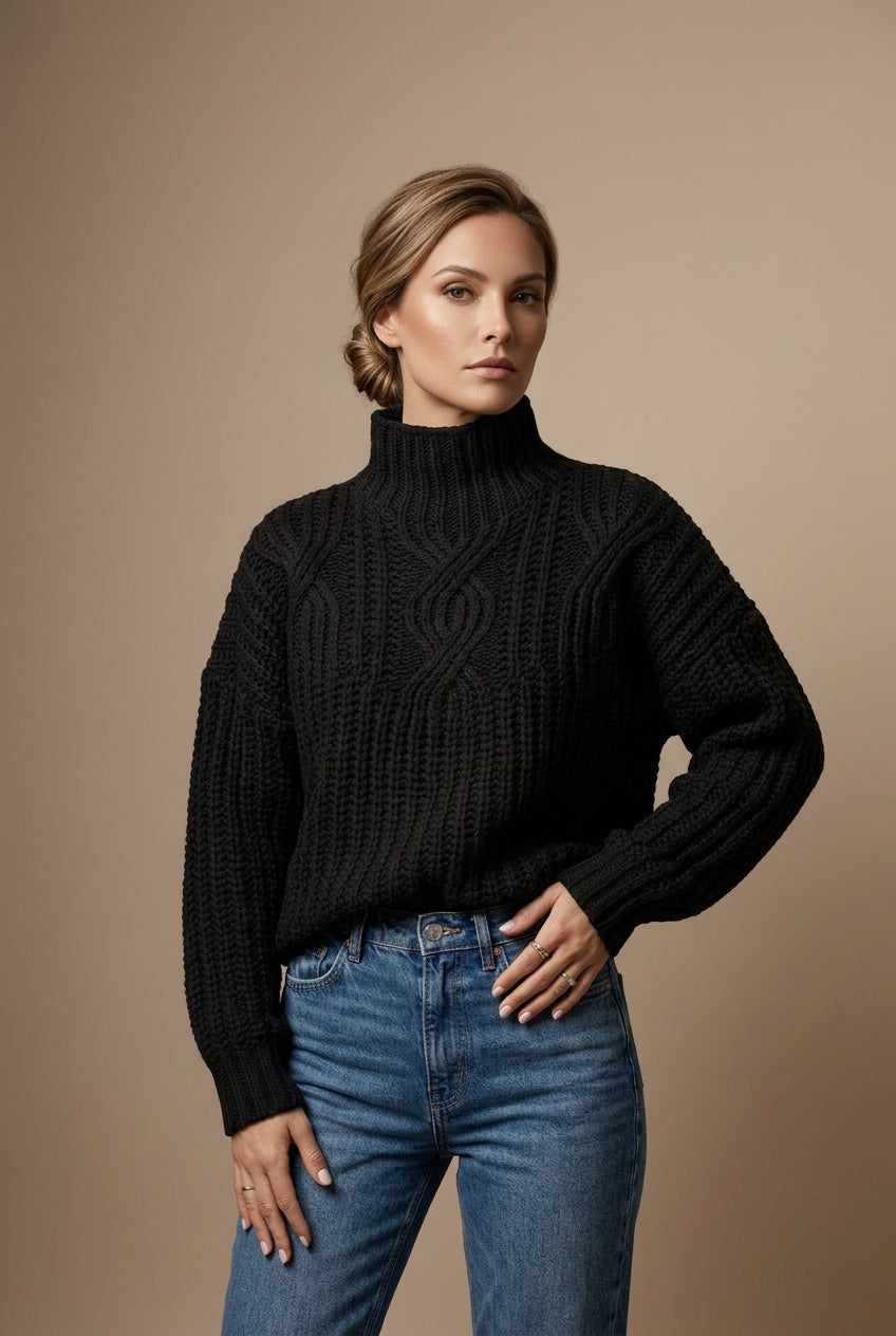 Pull Femme Col Montant Maille Torsadée – Coupe Ample Texturée
