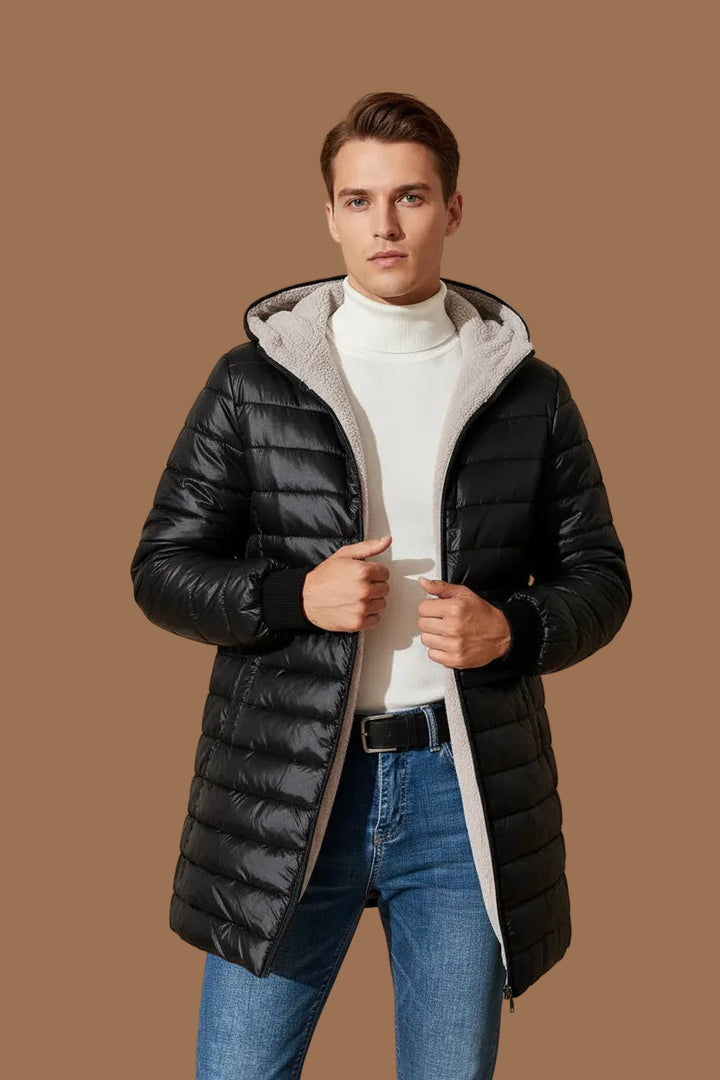 Gefütterte Steppjacke Herren mit Kapuze, mittellang – Fleecefutter