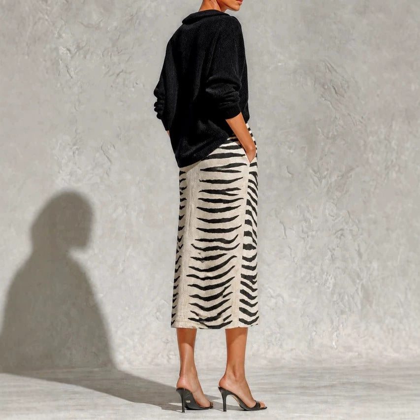 Ensemble Femme Haut Maille et Jupe Midi Imprimée – V-Col Décontracté Élégant