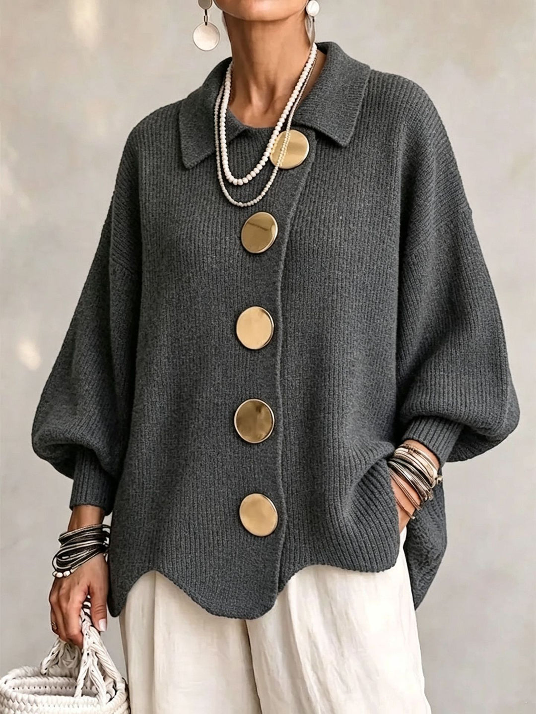 Cardigan Femme en Maille – Coupe Ample à Col Revers Boutonné