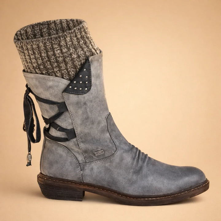 Damenstiefel mit weichem Schaft – niedriger Absatz, runde Zehenkappe, Martens-Stil