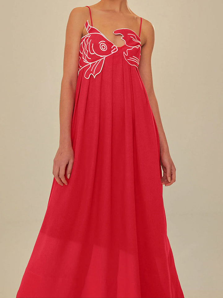 Maxikleid für Damen mit Trägern – Fischstickerei und Volantrock