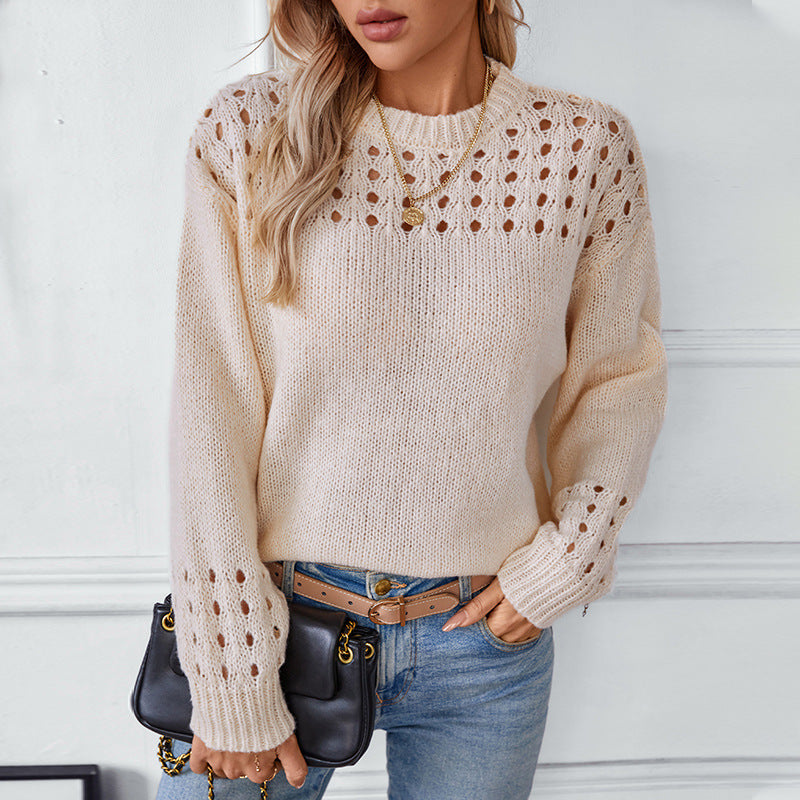 Pull Femme Détail Ajourné – Col Rond Maille Délicate