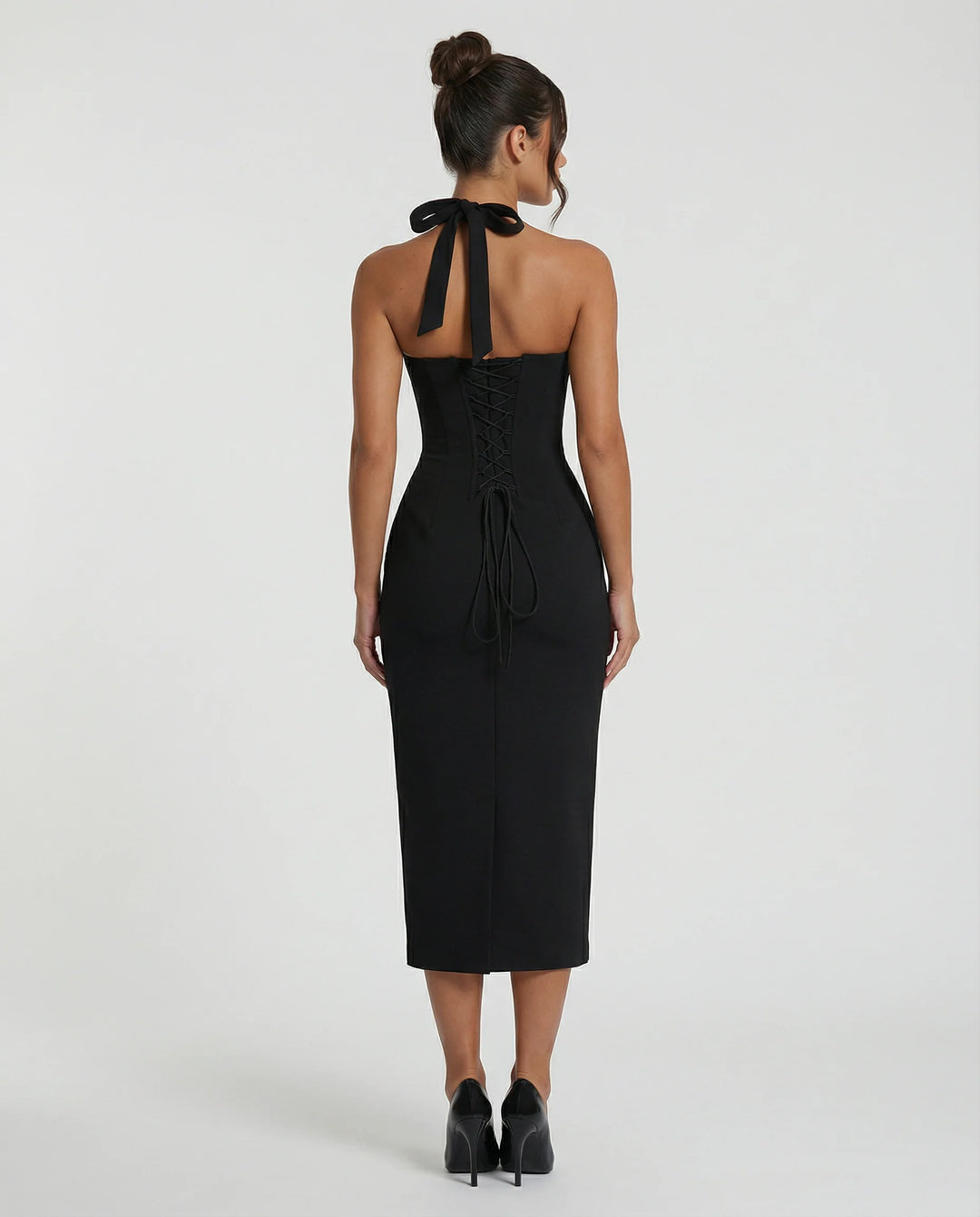 Midi-Kleid für Damen – Neckholder-Ausschnitt, strukturierter Schnitt, Rückenschlitz