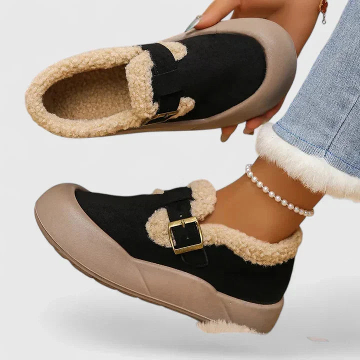 Gefütterte Damen-Clogs aus Fleece – dekorative Schnalle