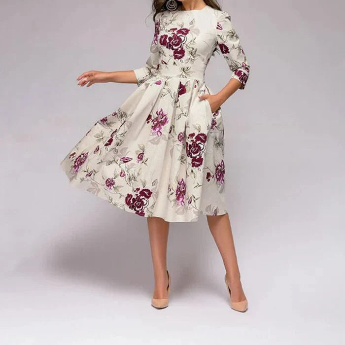 Robe Femme Midi Évasée Imprimée – Plissé Élégant Taille Marquée