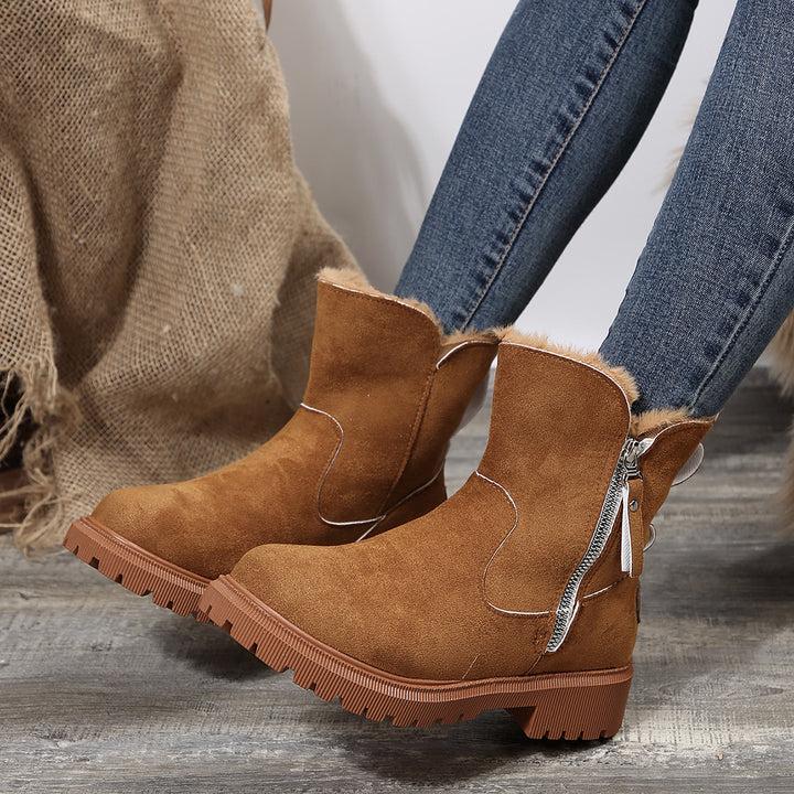 Botte Femme Hiver – Tige Aspect Daim, Fermeture Zip, Doublure Fourrure