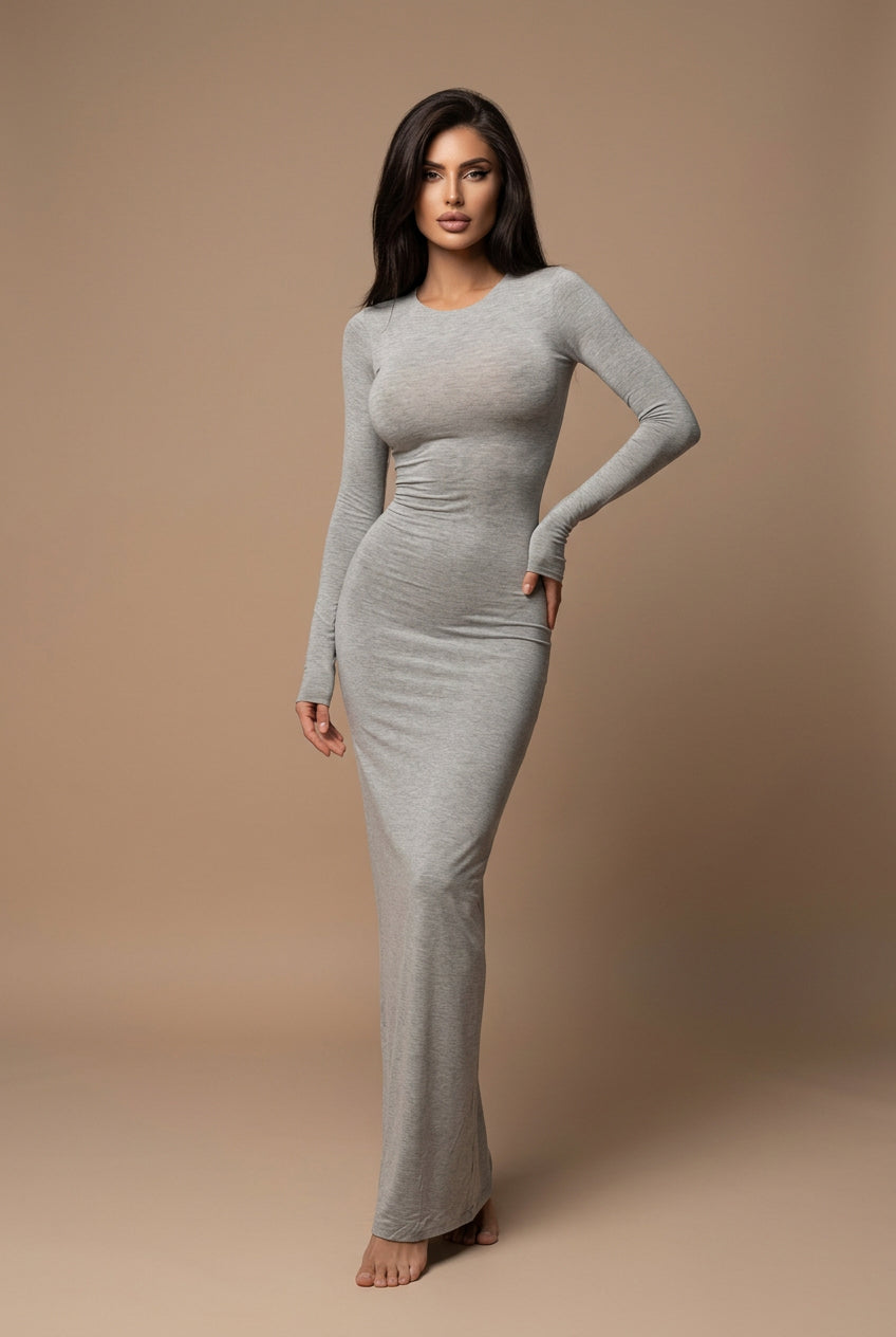 Robe Midi Femme – Coupe Ajustée Taille Haute Col Rond