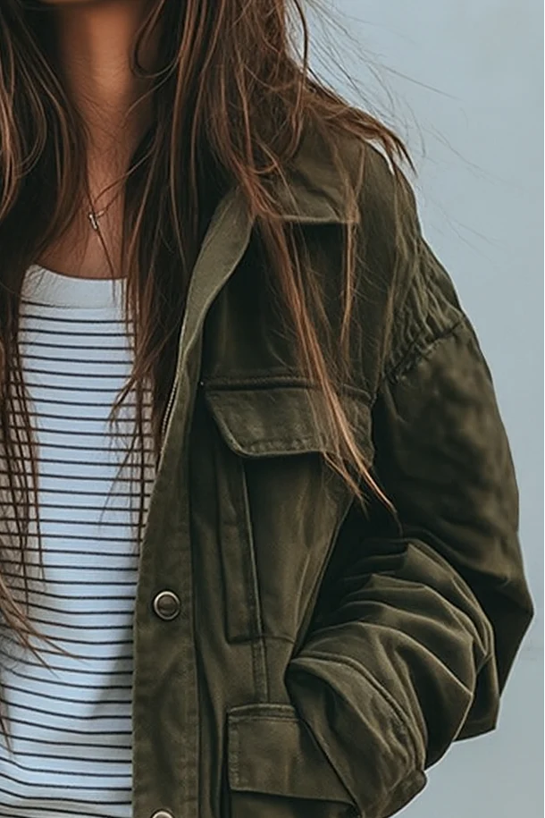 Veste Femme Windbreaker Utility – Col Amovible, Coupe Loose