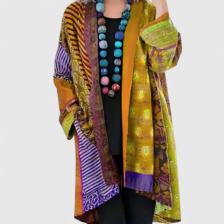 Cardigan Long Femme Mélange Lin Coton – Patchwork Décontracté