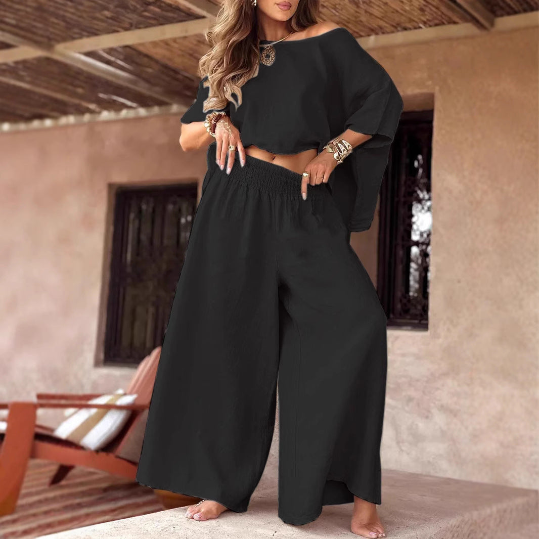 Sæt til damer i to dele – Afslappet off-shoulder-top og vide bukser