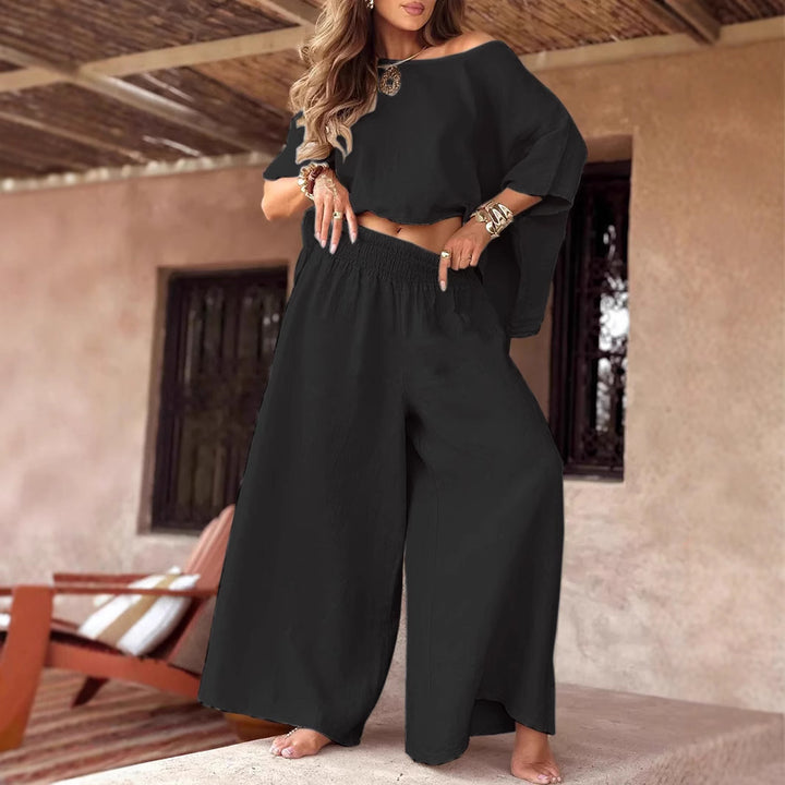 Sæt til damer i to dele – Afslappet off-shoulder-top og vide bukser