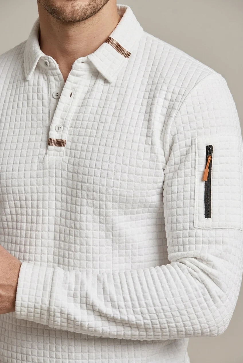 Polo Homme à Manches Longues – Maille Texturée Damier Moderne