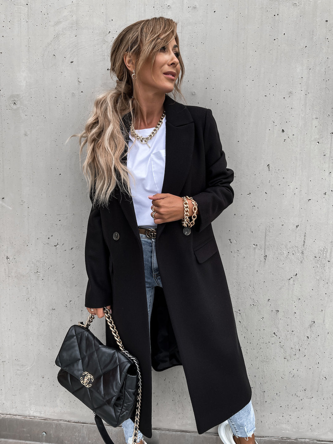 Manteau Long Double Boutonnage Femme Col Tailleur – Coupe Droite Décontractée