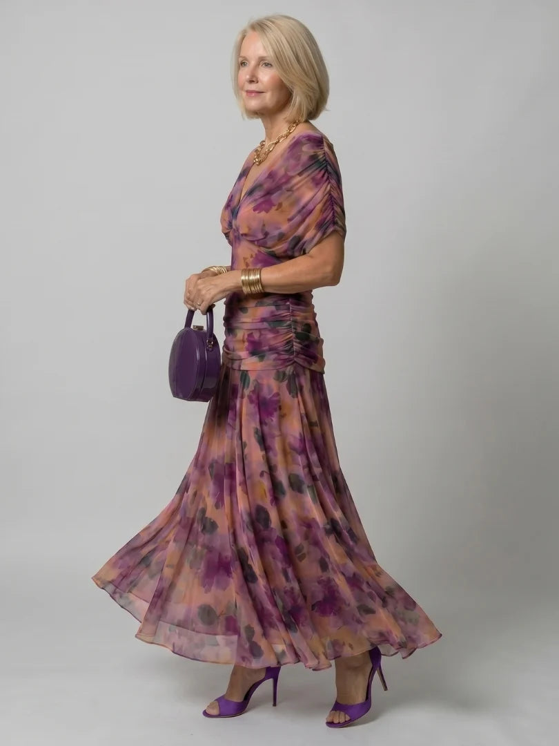 Robe Femme Maxi Chiffon – Imprimé Col V Manches Courtes