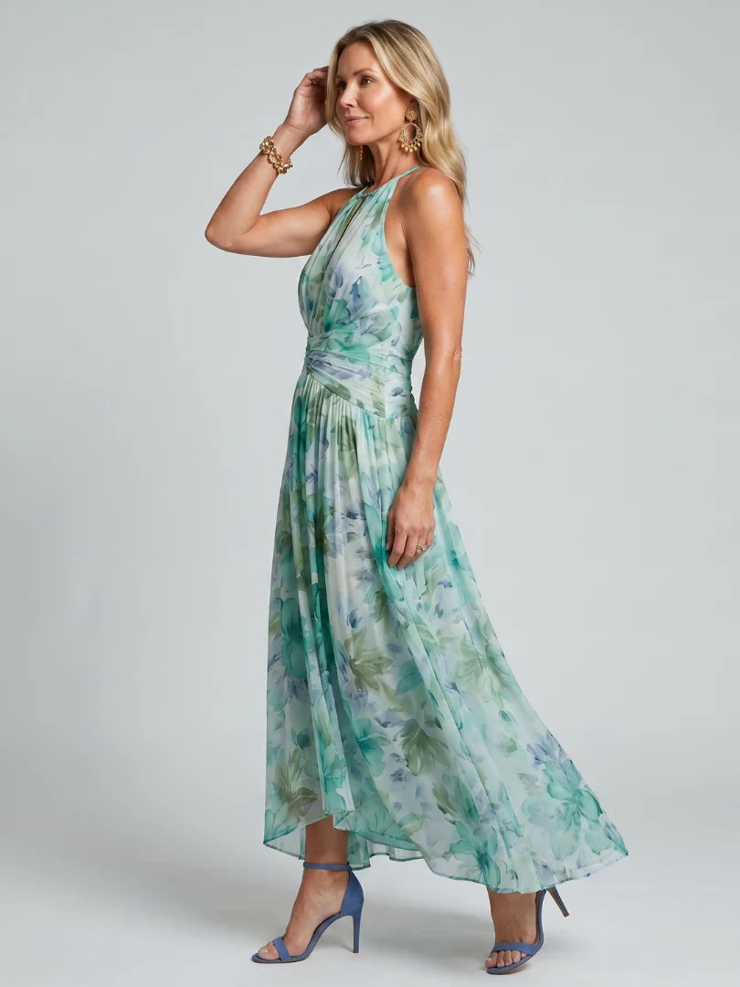 Robe Femme Maxi à Col Halter – Imprimé Fluide et Décolleté V