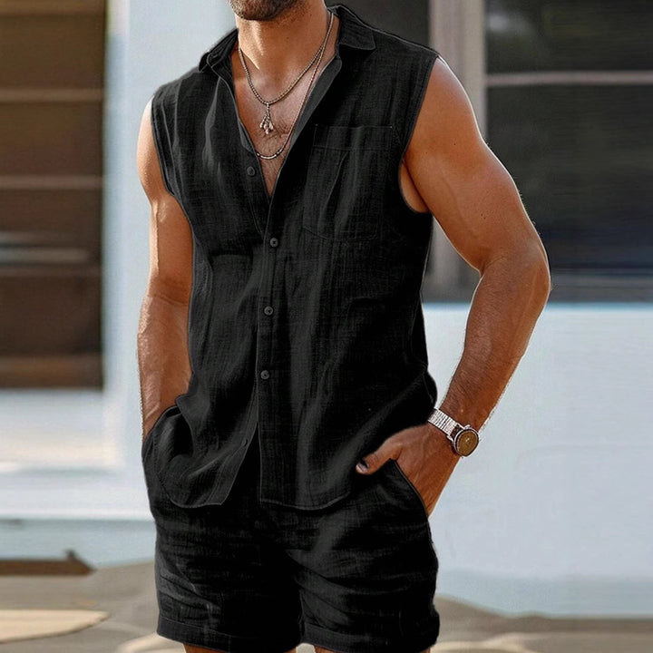 Completo Due Pezzi Uomo in Cotone Misto – Collo Camicia Aperto, Senza Maniche, Leggero