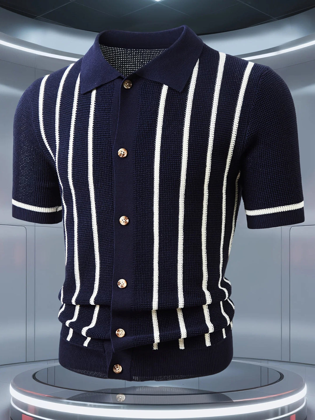 Herren-Poloshirt aus strukturiertem Strick – vertikale Streifen, klassischer Knopfkragen