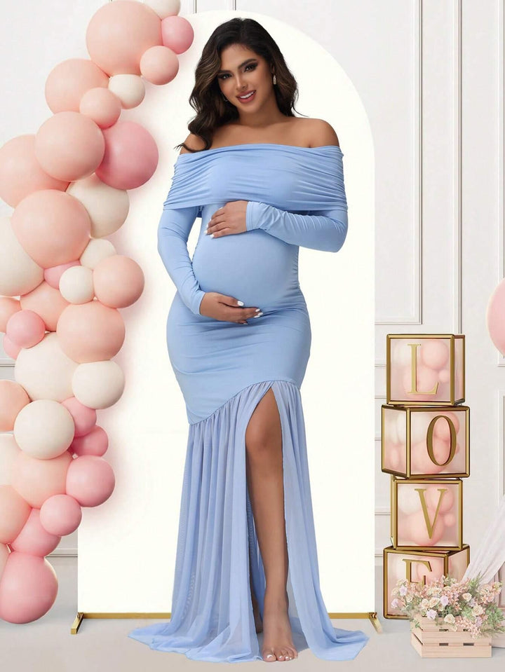 Robe Maxi Maternité Femme Épaules Dénudées – Manches Longues Coupe Près du Corps