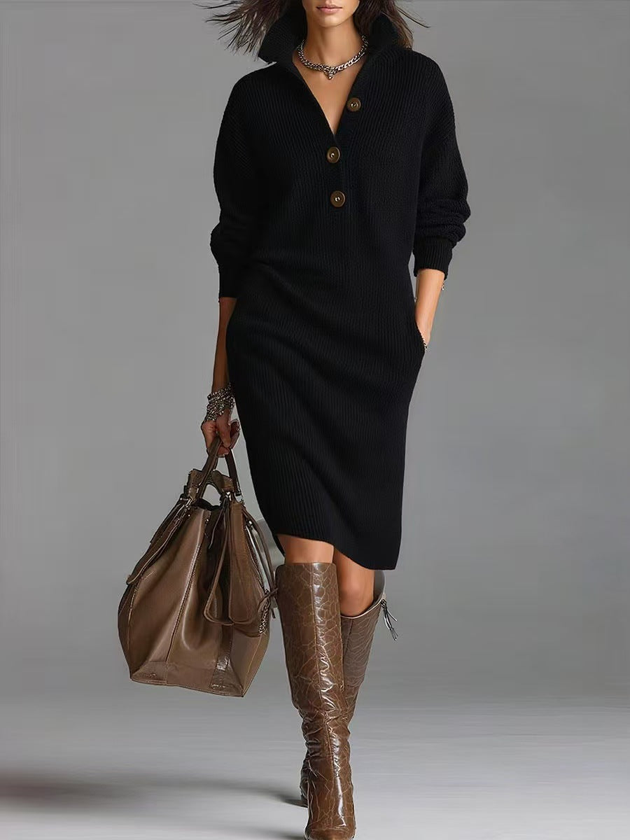 Robe Femme Midi en Maille – Col V Cheminée Boutonné Décontracté