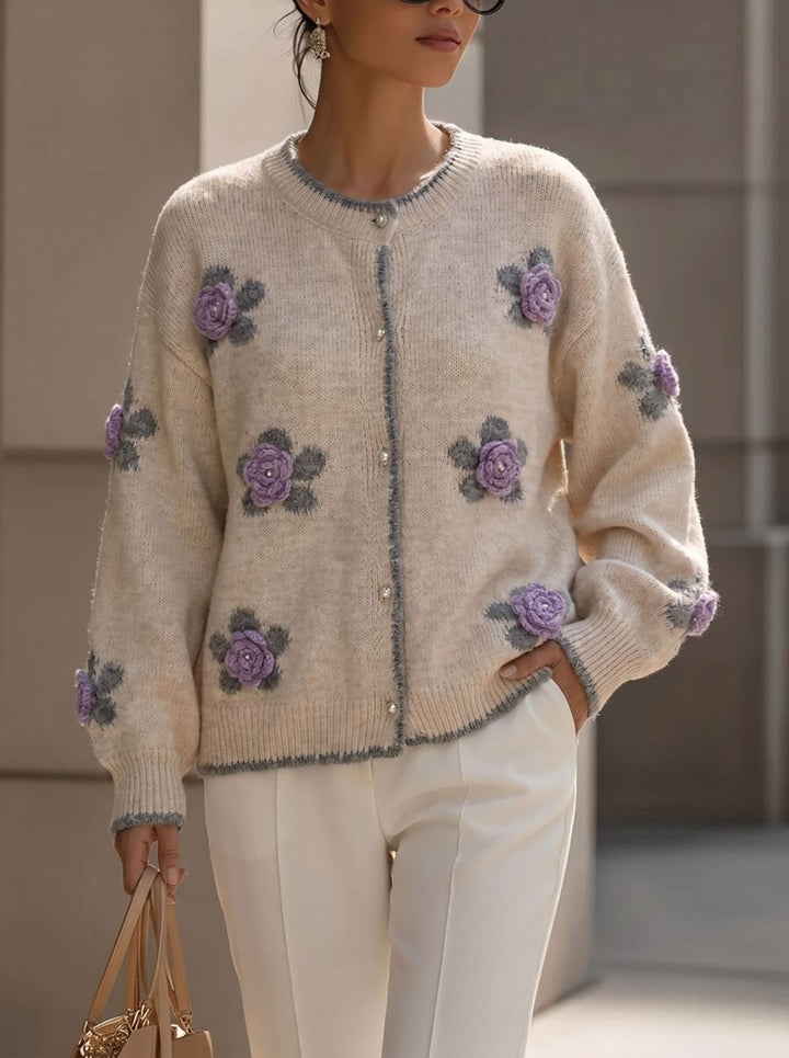 Gilet Femme en Maille – Détail Fleurs 3D, Coupe Décontractée