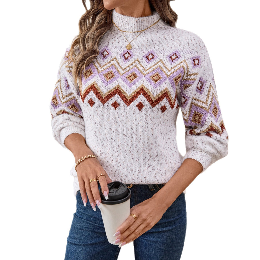 Pull Femme Jacquard – Motif Géométrique Col Montant, Coupe Décontractée