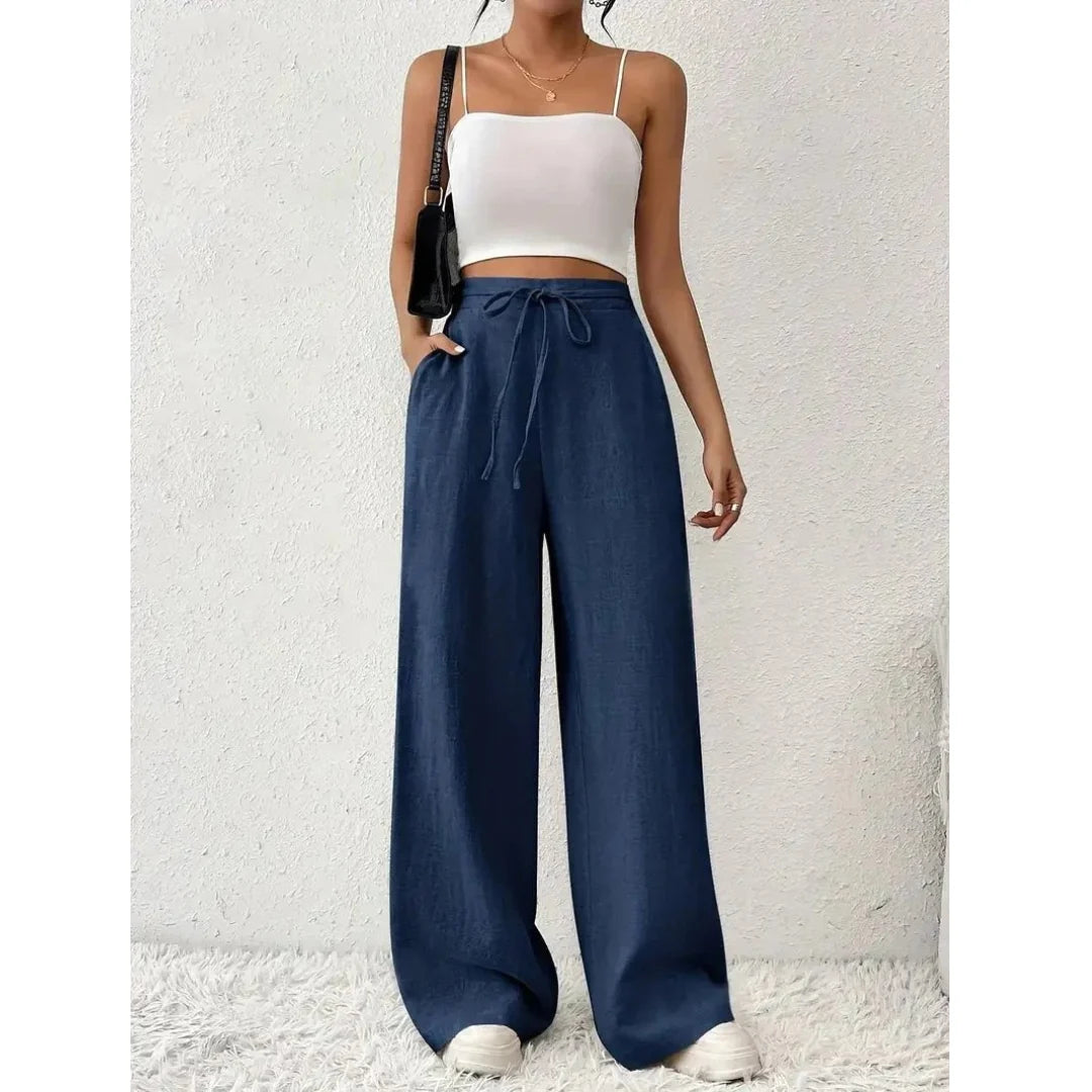 Pantalon Large Femme – Coupe Décontractée Taille Cordon et Poches