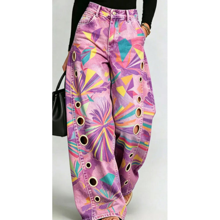 Pantalon Femme Taille Haute Jambe Large – Imprimé Graphique et Anneau