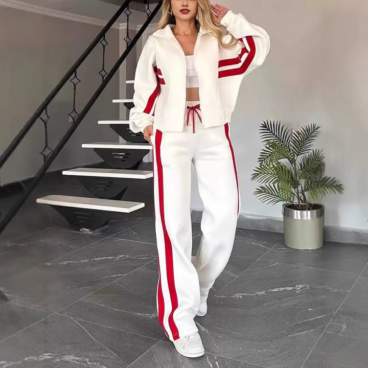 Ensemble Deux Pièces Femme – Veste de Sport Rayée &amp; Pantalon Large Coupe Décontractée