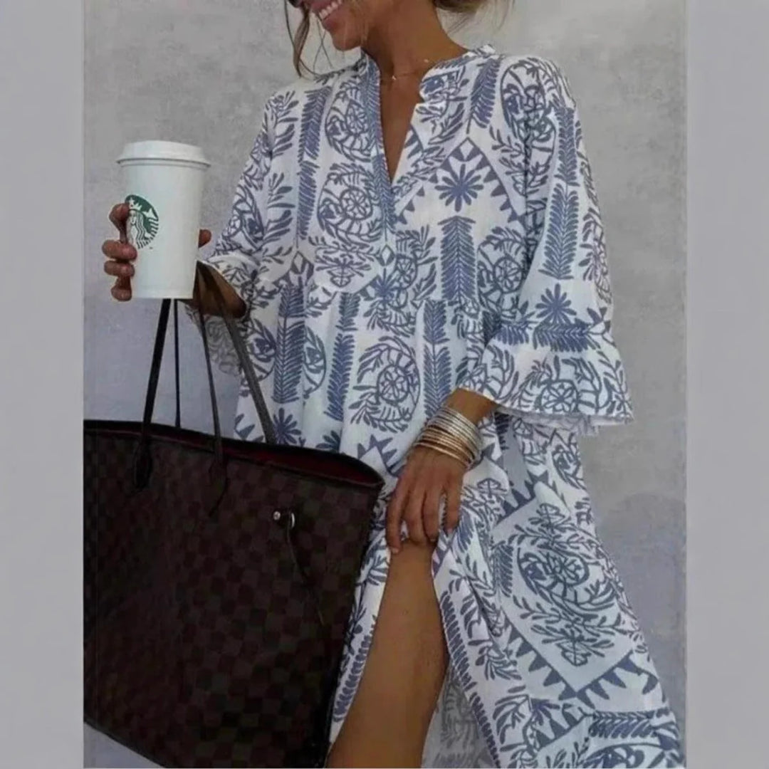 Vestito Donna Mini Stampa Botanica – Scollo Spacco, Silhouette Casual