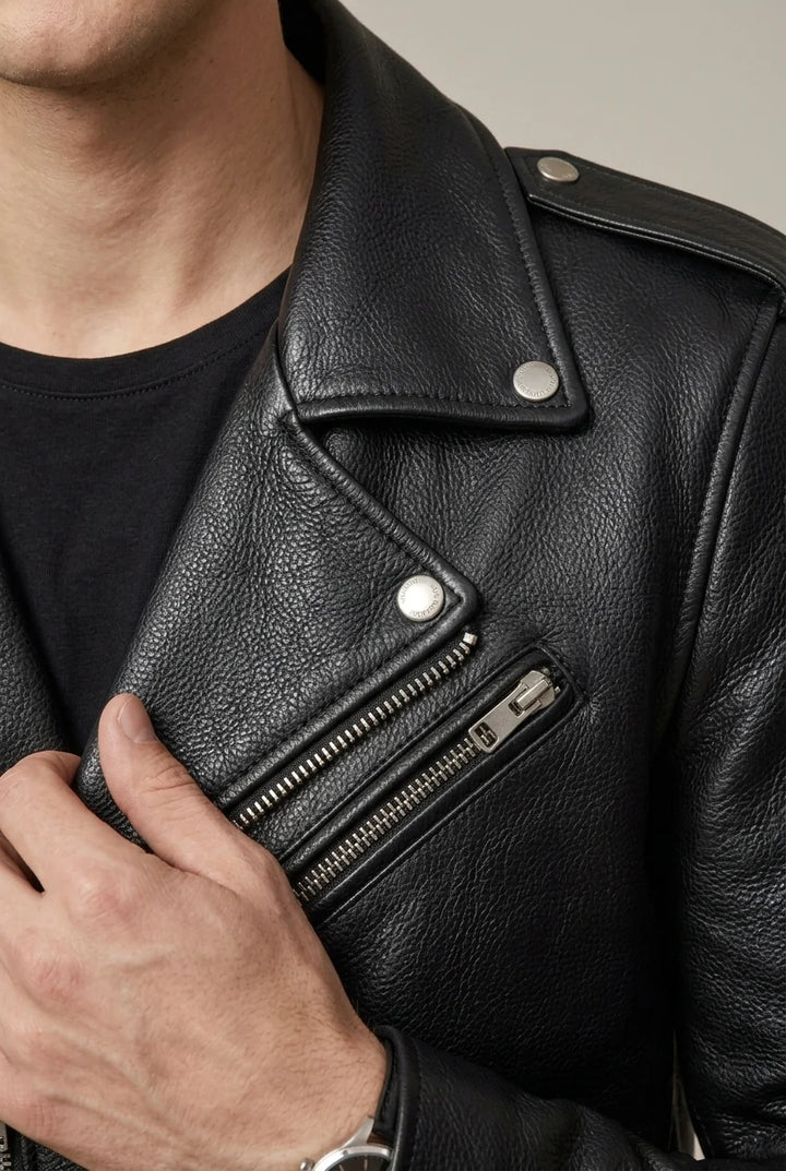Veste Biker Homme en Cuir Vachette – Fermeture Asymétrique, Taille Ceinturée