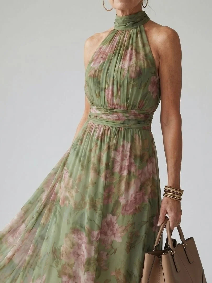 Langes Damenkleid – Neckholder-Ausschnitt, taillierte Passform, ausgestellter Saum