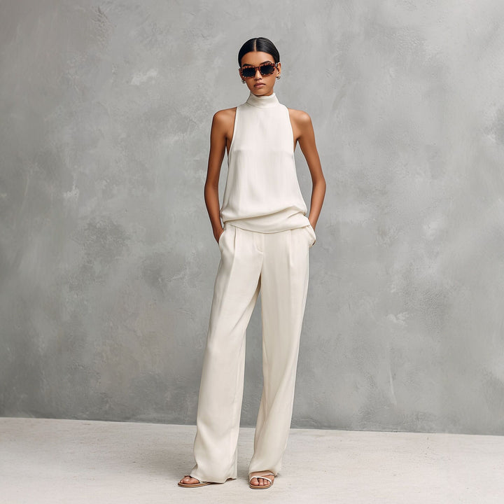 Damen-Set mit Stehkragen-Top ohne Ärmel und weiter Hose – moderne Silhouette