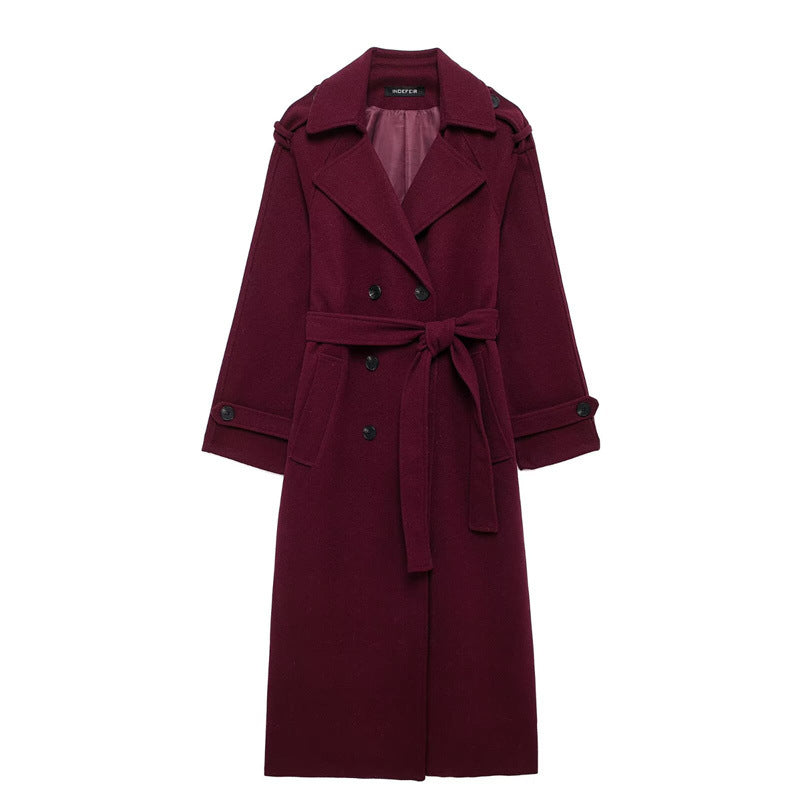 Manteau Long Femme Laine Mélangée – Ceinture &amp; Col à Revers