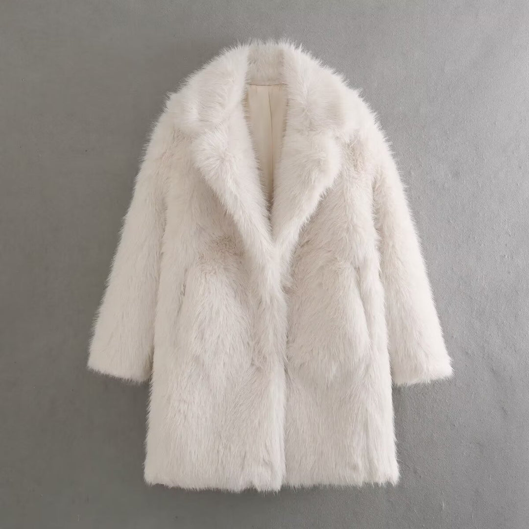 Manteau Femme Mi-Long Effet Peluche – Coupe Ample avec Poches