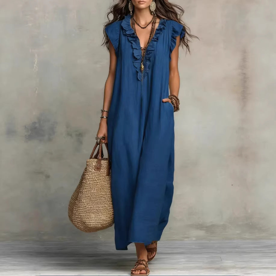 Maxikleid für Damen ohne Ärmel – elegante Volants und praktische Taschen
