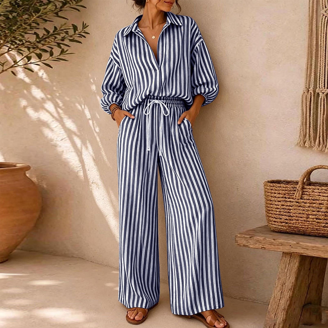 Ensemble Deux Pièces Femme Rayé – Chemise Manches Lanterne &amp; Pantalon