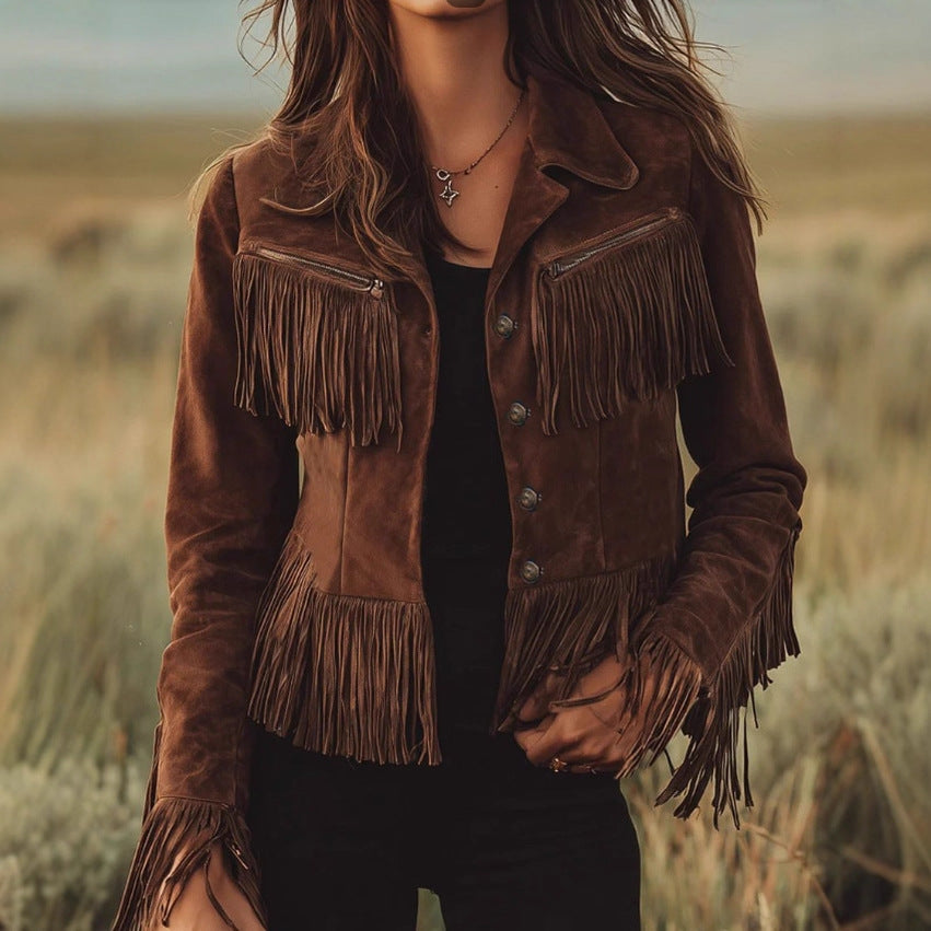 Veste Femme Suède – Coupe Courte Cintrée à Franges &amp; Col Tailleur