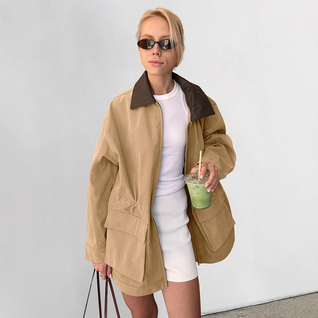 Manteau Femme Mi-long Coton – Col Contrastant Zippé Style Rétro