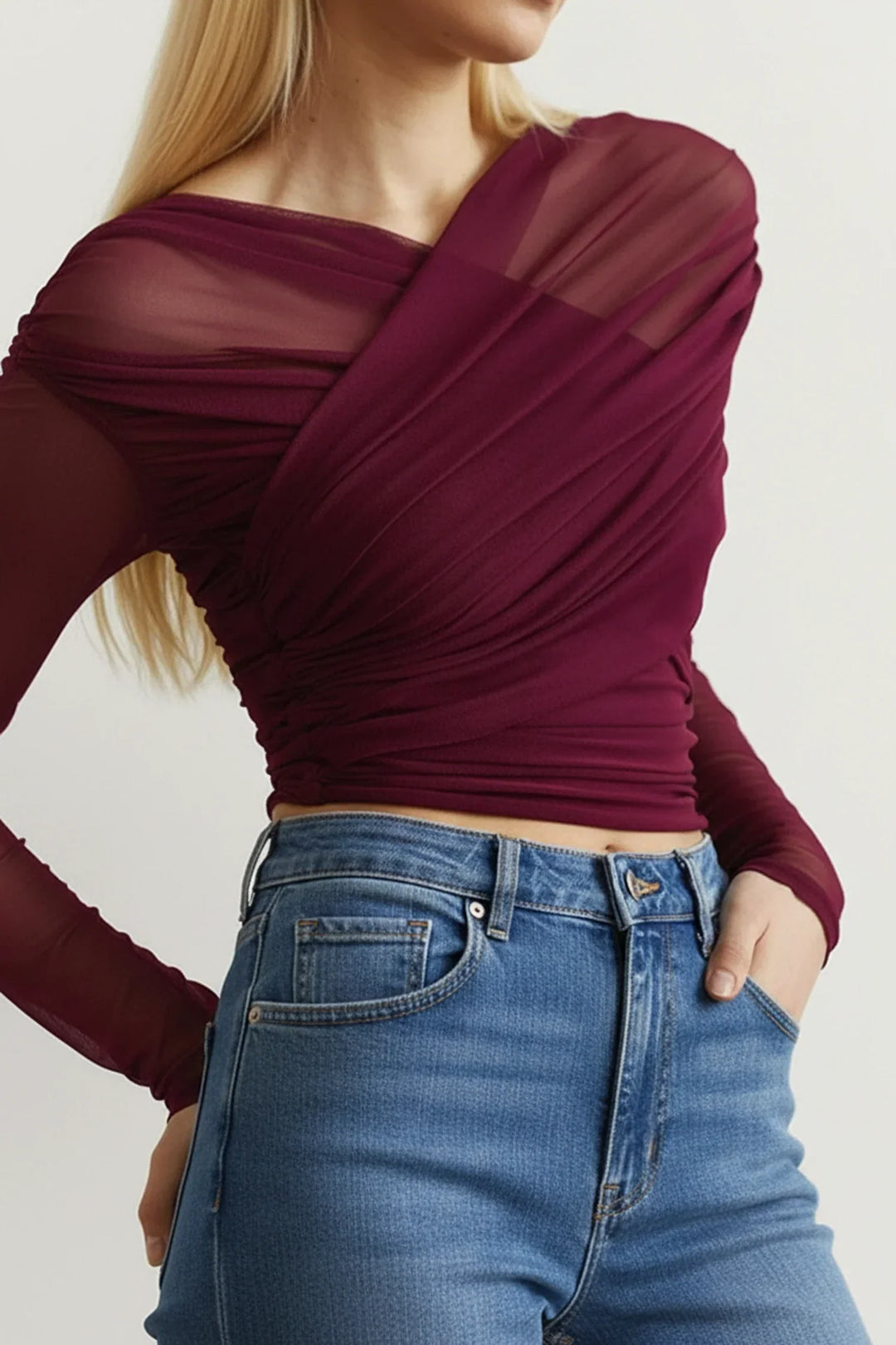 Top plisado de manga larga para mujer – Corte entallado elegante