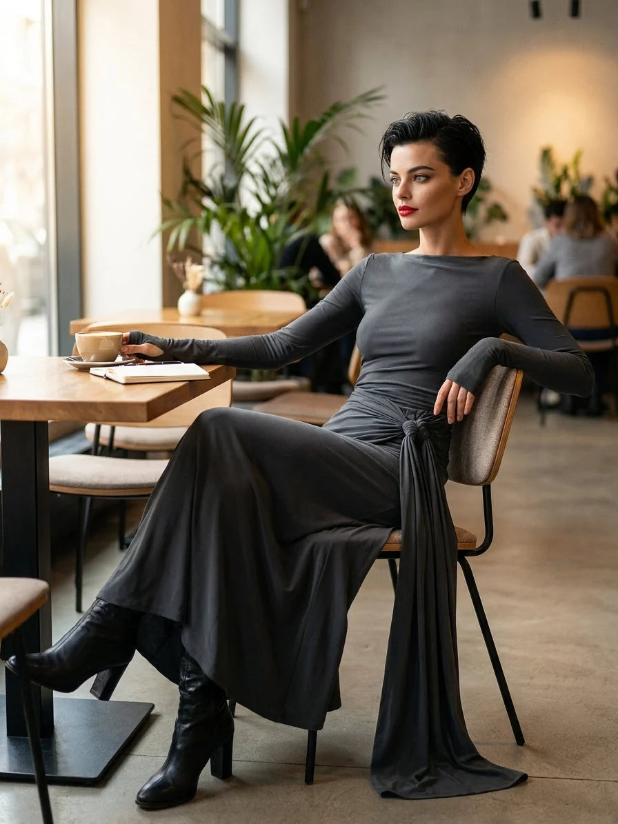Elegantes Maxi-Wickelkleid für Damen mit Schleifenmuster und langen Ärmeln