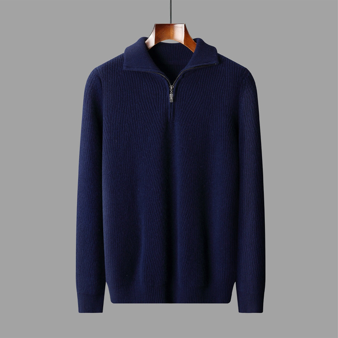 Pull Homme à Maille Côtelée – Demi-Zip Col Montant Coupe Ample