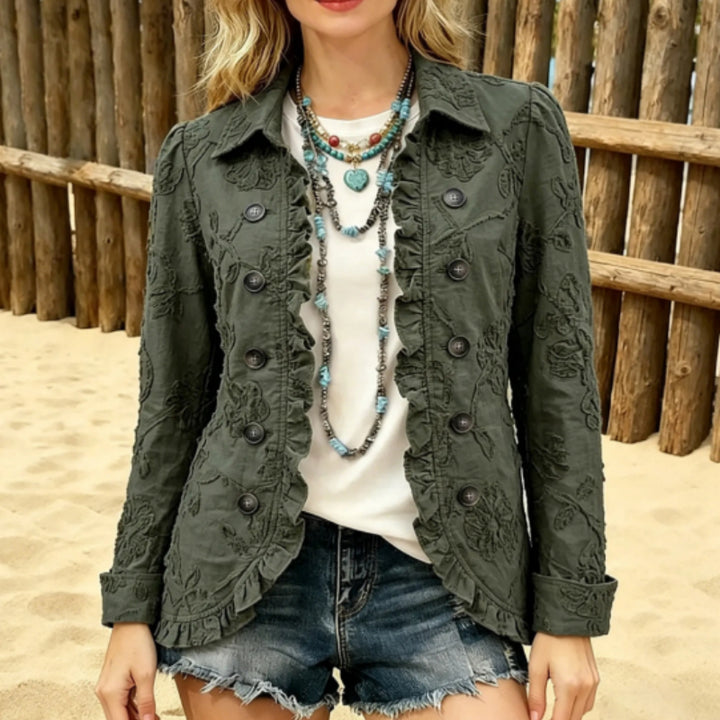 Veste Femme Brodée à Volants – Fleurs Surpiquées Élégantes
