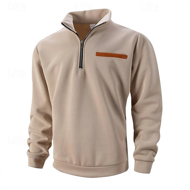 Herren-Pullover mit halbem Reißverschluss, Stehkragen und Fleece-Futter – lässige Passform