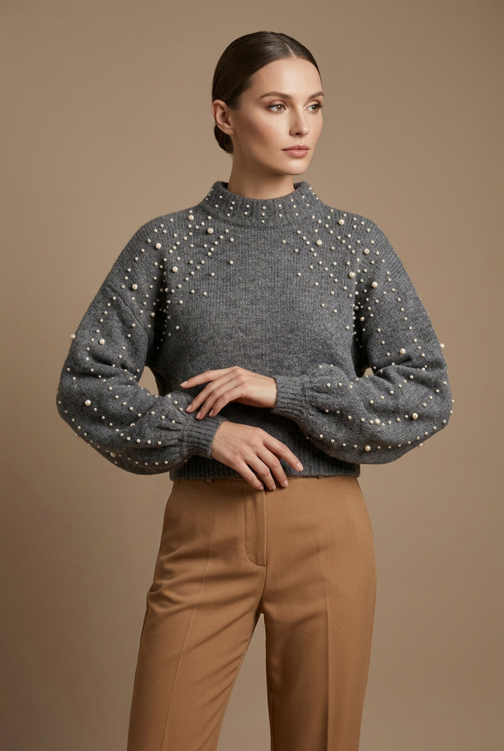 Pull Femme Col Rond Maille – Détail Perlé Manches
