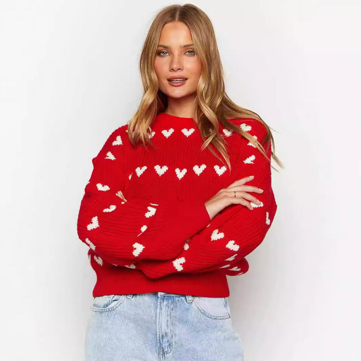 Pull Femme Motif Cœur Jacquard – Coupe Décontractée Bicolore